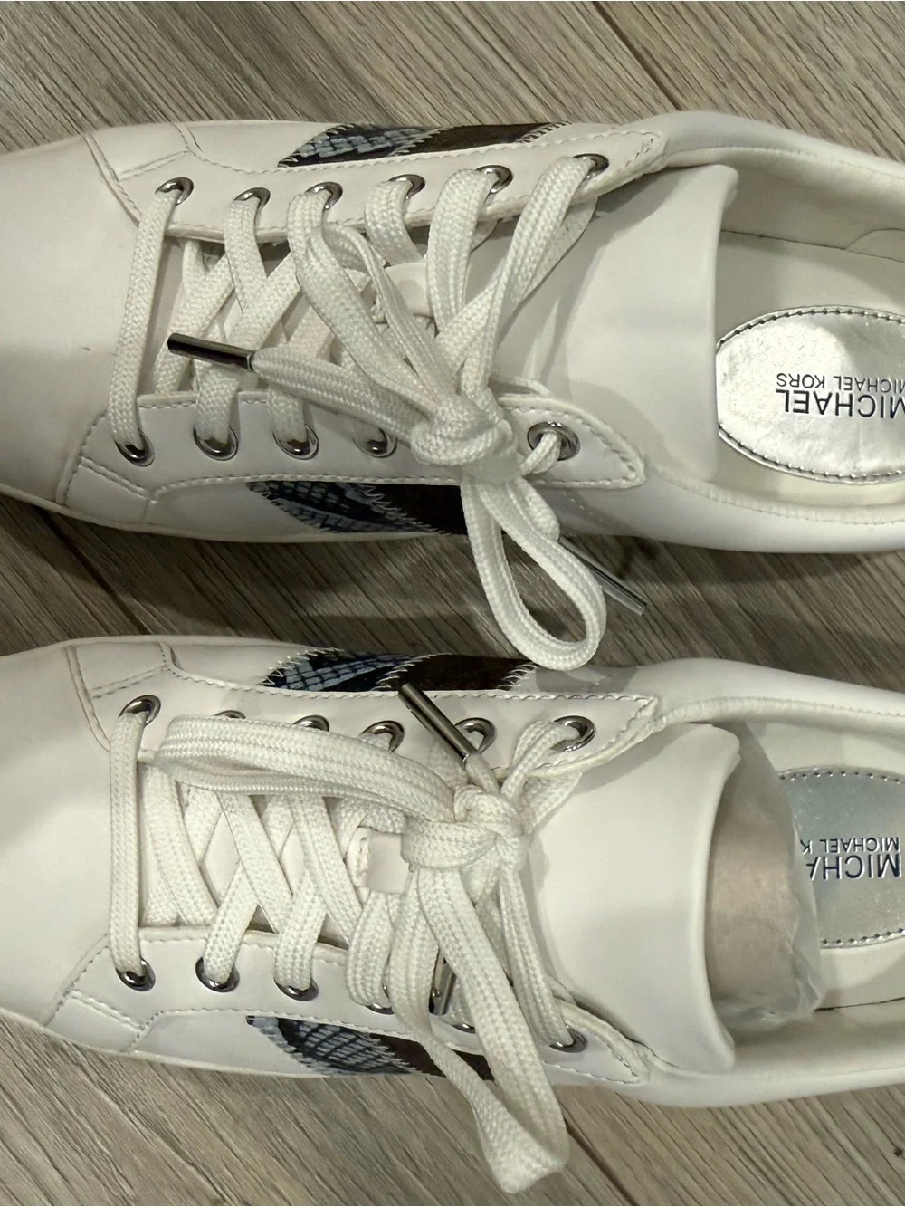 Michael Kors White Lace-Up Sneakers with Pale Ocean Snake-Print Accent